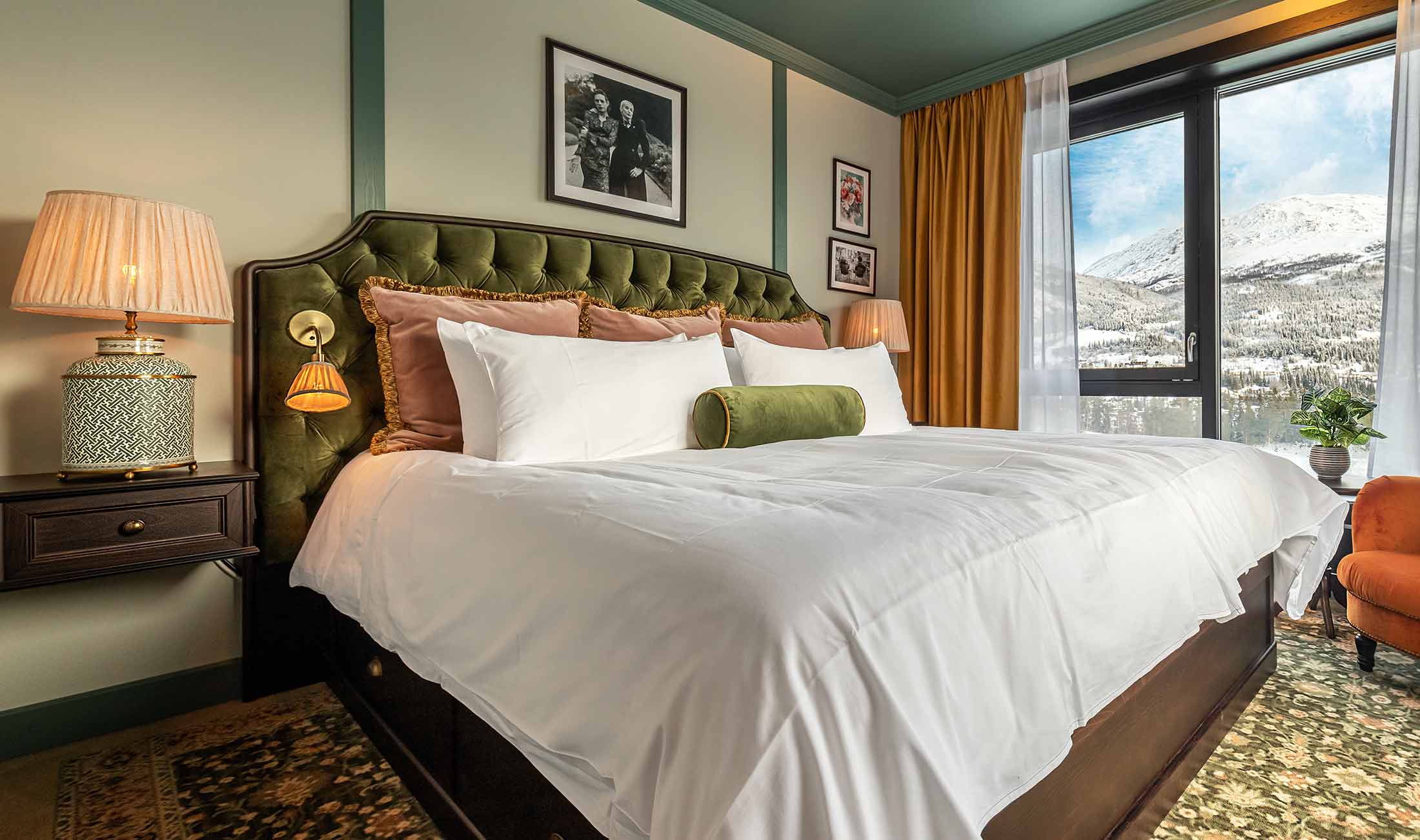 Comfortable double room with warm decor at Fyri Resort