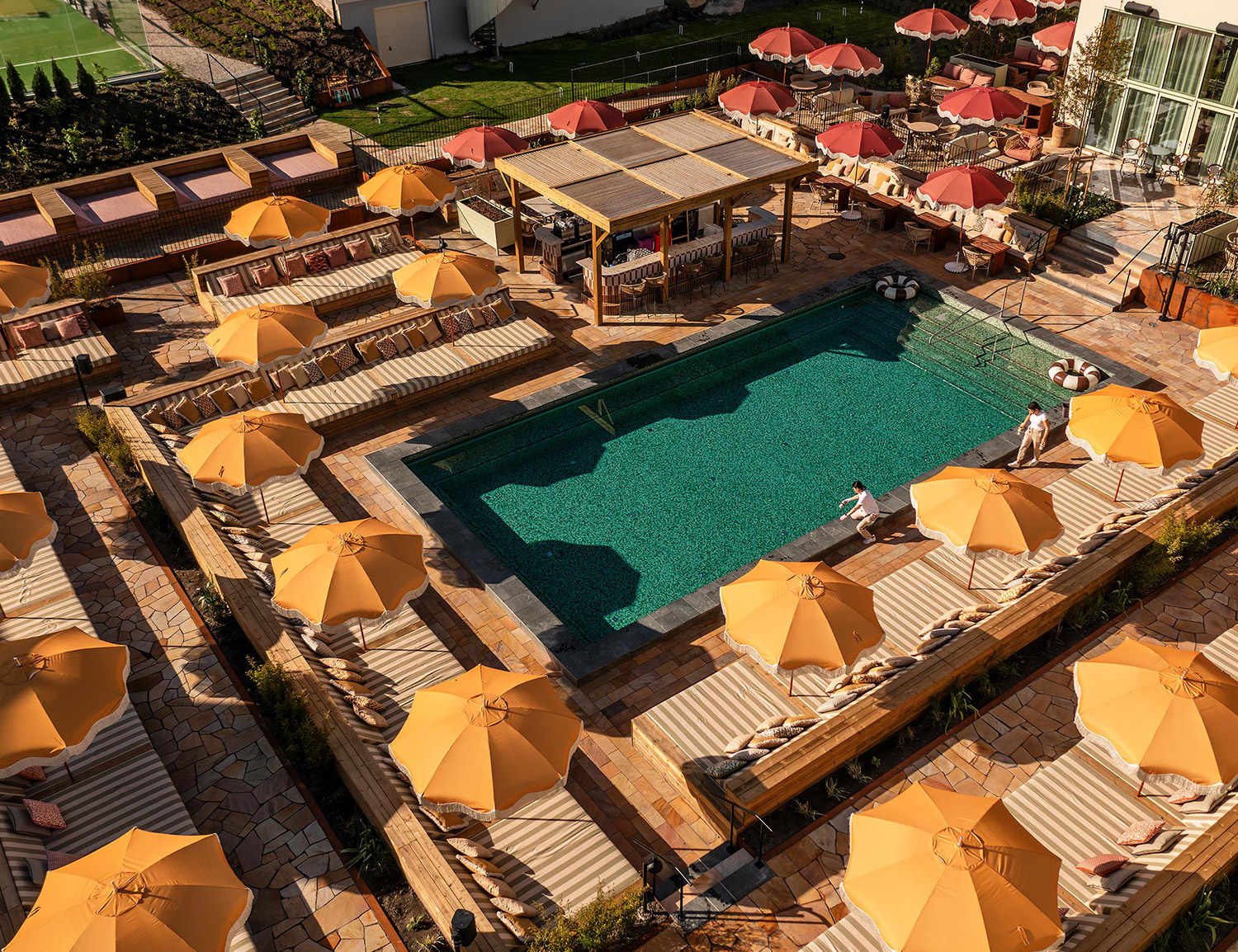 Hjortviken nighttime exterior with warm building lights
