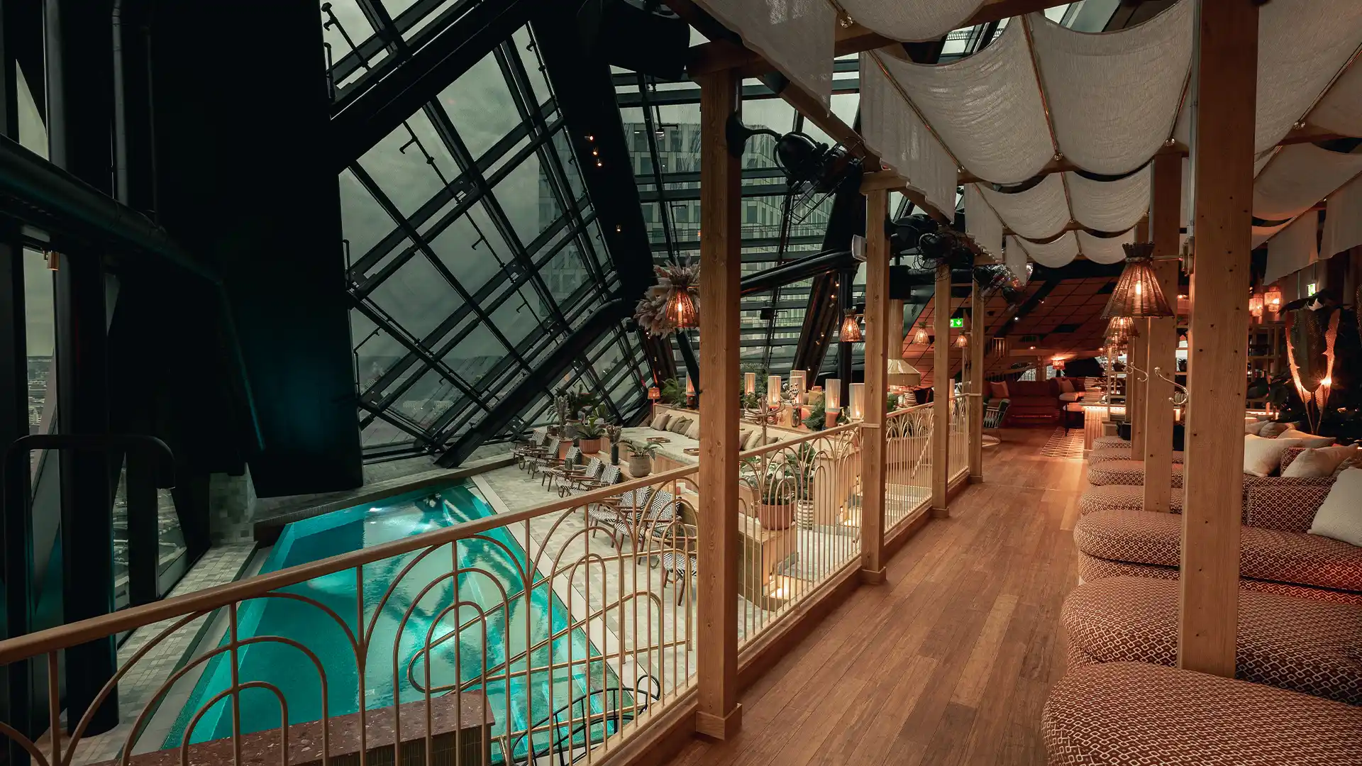 Pachanga rooftop spa pool and daybeds with Gothenburg skyline at Jacy'z