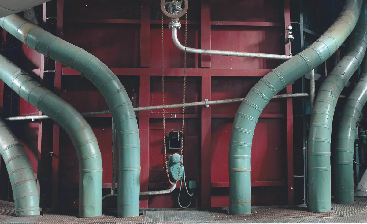 Industrial pipes and heritage architecture from The Steam Hotel building