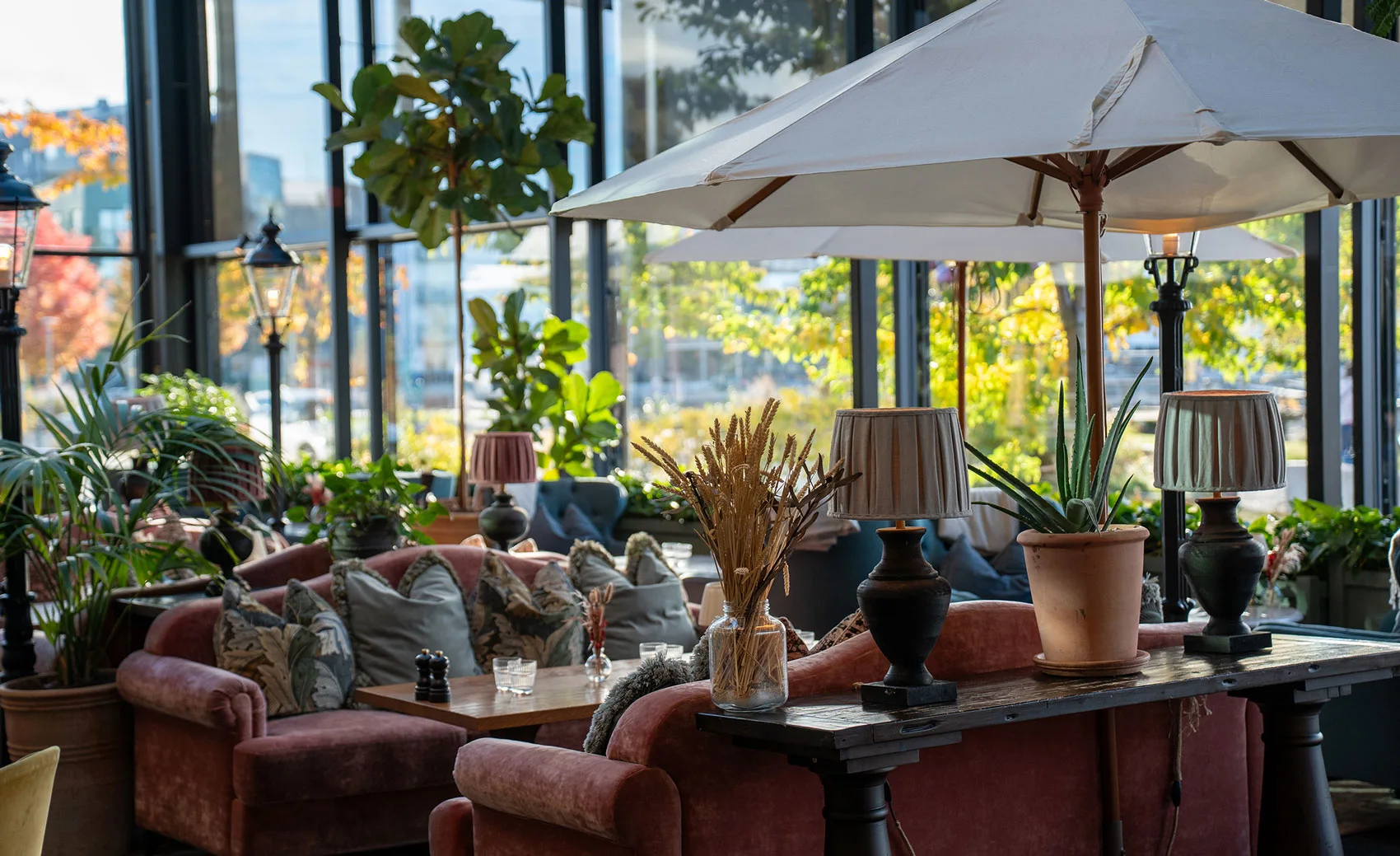 Lush greenery and warm lighting inside Orangeriet at The Steam Hotel