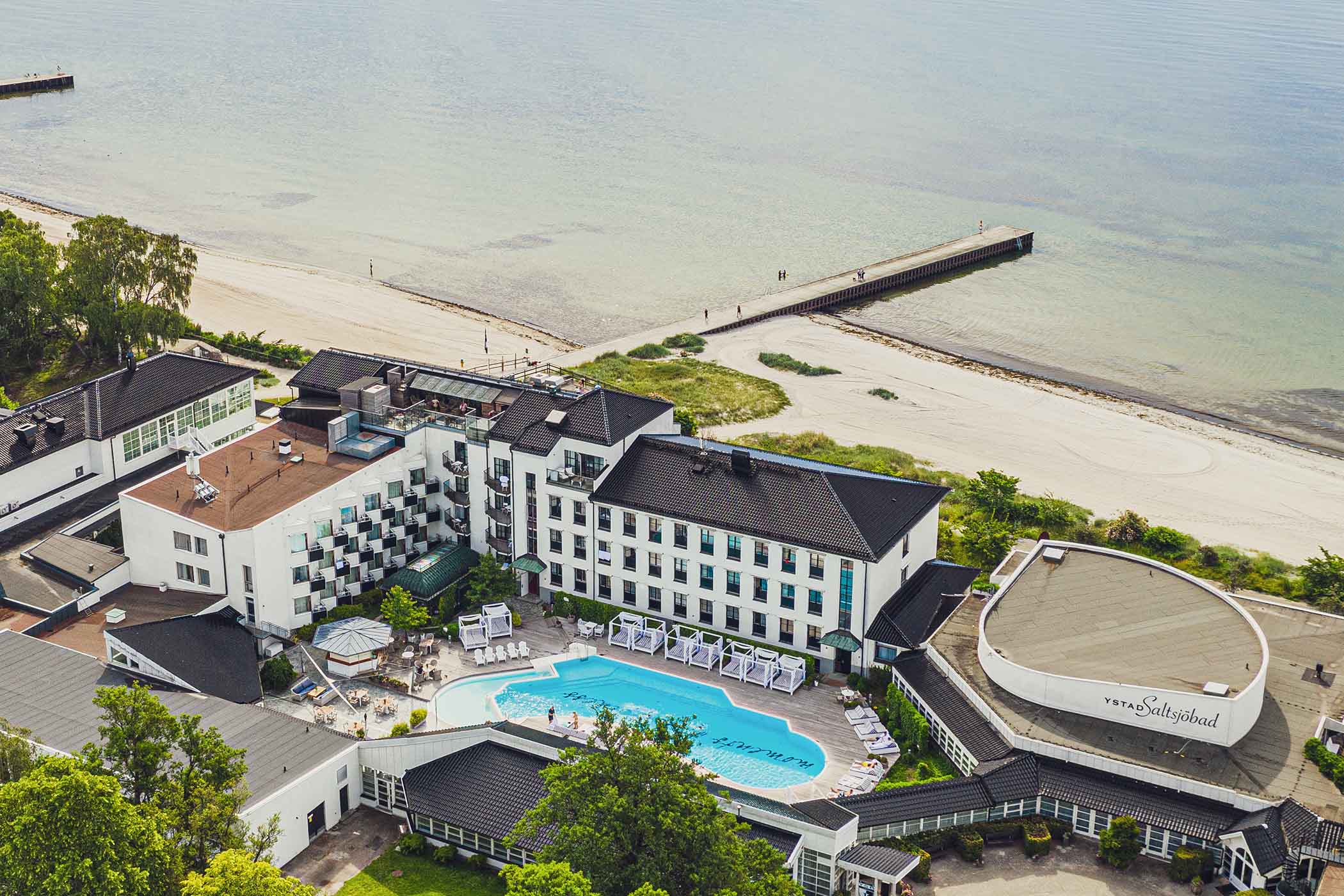 Drone view of Ystad Saltsjobad resort along the Ystad coastline